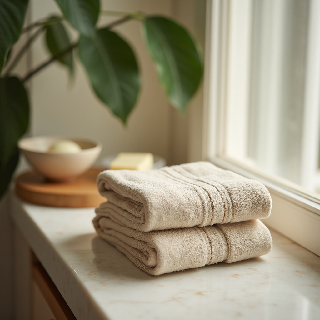 Gästebad-Set mit Handtüchern, Seifenschale und Naturseife auf einem Regal