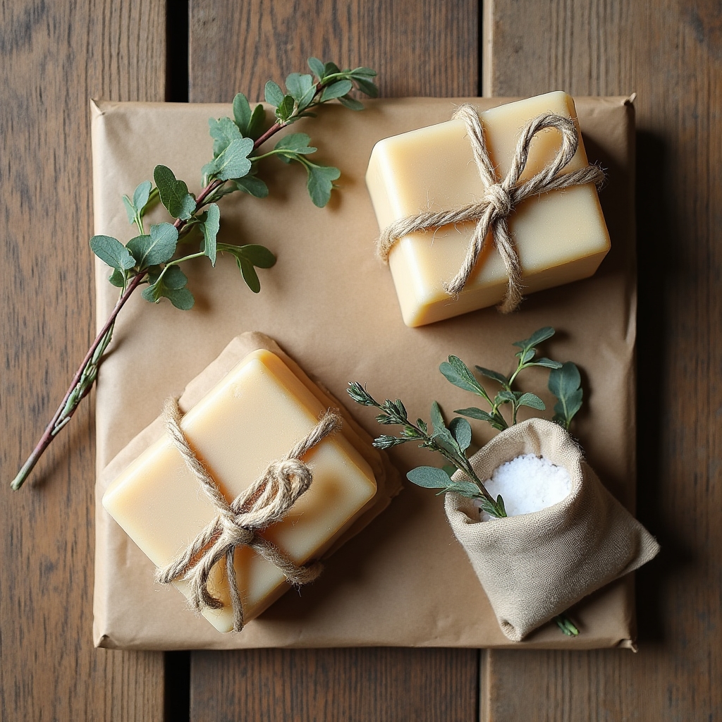 Geschenkset aus Naturseifen in Papierverpackung mit Bindfaden