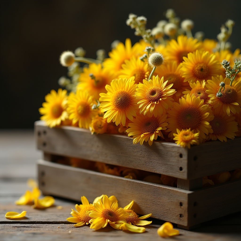 Getrocknete Ringelblumen und Kräuter in Holzkisten zur Weiterverarbeitung in Naturseife