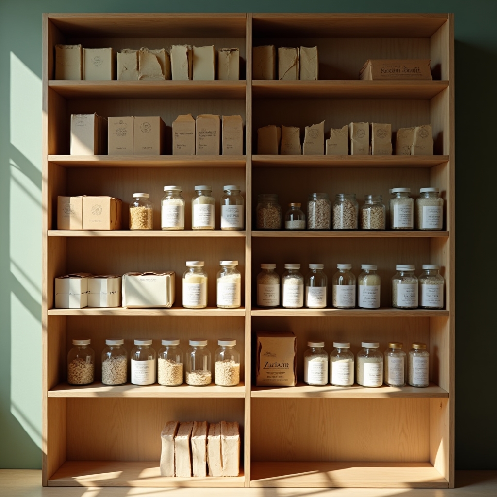 Regal mit sortierten Materialsets aus Seifen, Badesalzen und Accessoires
