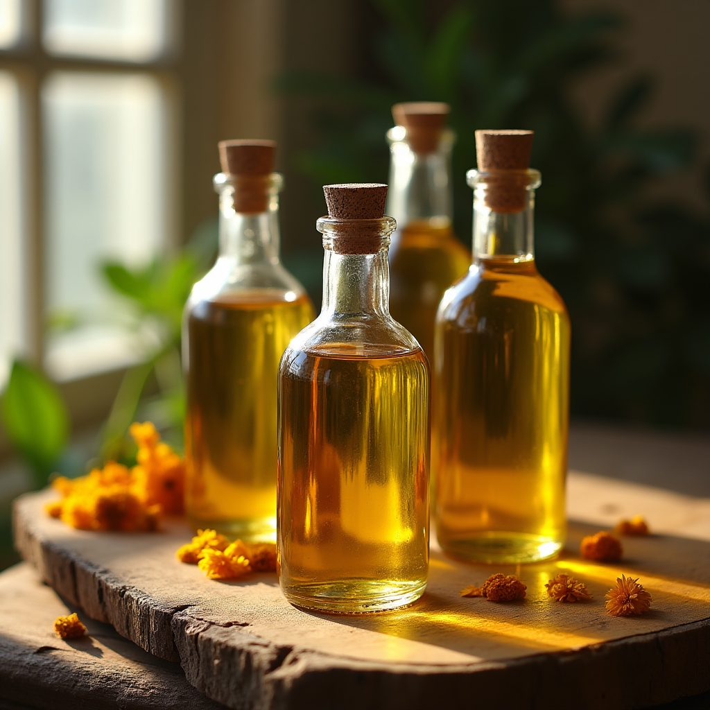 Verschiedene pflanzliche Öle in Glasflaschen als Rohstoffe für Naturseife